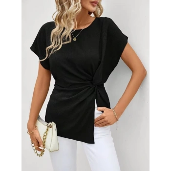 Kadın Kısa Kollu Yuvarlak Yakalı Yandan Sarmal Detaylı Bürümcük Bluz