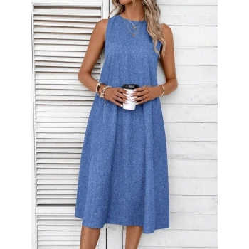 Kadın Kolsuz Bisiklet Yaka Cepli Midi Keten Elbise