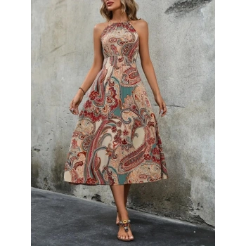 Kadın Kolsuz Boyundan Bağlamalı Beli Lastikli Dijital Baskı Süprem Uzun Elbise