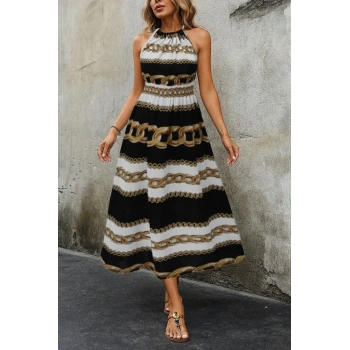 Kadın Kolsuz Boyundan Bağlamalı Beli Lastikli Dijital Baskı Süprem Uzun Elbise