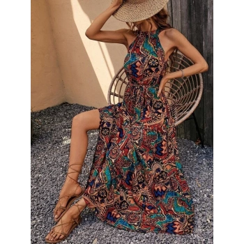 Kadın Kolsuz Halter Yaka Beli Lastikliotantik Desenli Mikro Kumaş Elbise