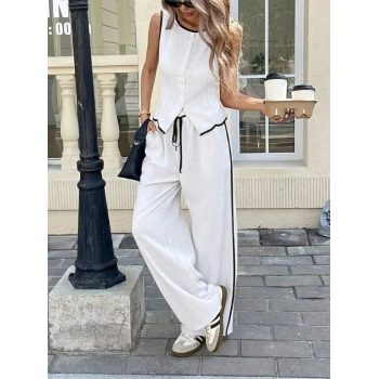 Kadın Kolsuz önü Düğmeli Yelek Ve Pantolon Ikili Takım