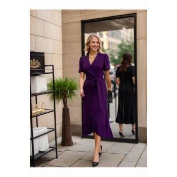 Kadın Kruvaze Yaka Midi Boy Kuşaklı Krep Elbise 120 Cm