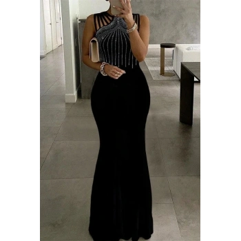 Kadın Omuz çoklu Askılı önü Taş Işlemeli Balık Kesim Janjan Krep Maxi Boy Elbise