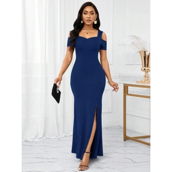 Kadın Omuzlardan Açık Askılı Yırtmaç Detaylı Uzun Ithal Krep Elbise