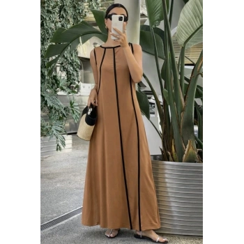 Kadın Omuzlardan Açık Yaka Ince şerit Detaylı Uzun Viskon Elbise