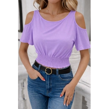 Kadın Omuzu Açık Beli Lastikli Kısa Kol Bluz