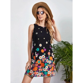 Kadın Sıfır Kollu Bisiklet Yaka çiçek Desenli Süprem Mini Elbise