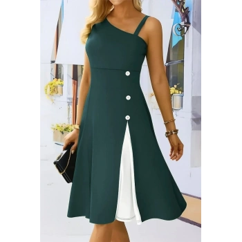 Kadın Tek Omuzu şerit Detaylı Kolsuz Yandan Düğme Detaylı Viskon Elbise