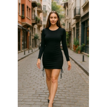 Kadın Uzun Kol Büzgü Detaylı Sandy Kumaş Ayarlanabilir Boy Fırsat Ürün Elbise