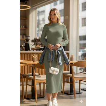 Kadın Uzun Kollu Balıkçı Yakalı Yanlardan Yırtmaçlı Kaşkorse Maxi Elbise