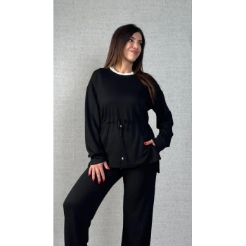 Kadın Uzun Kollu Bisiklet Yaka Belden Büzgülü Bağcıklı Viskon Iki Iplik Bluz Ve Pantolon Ikili Takım