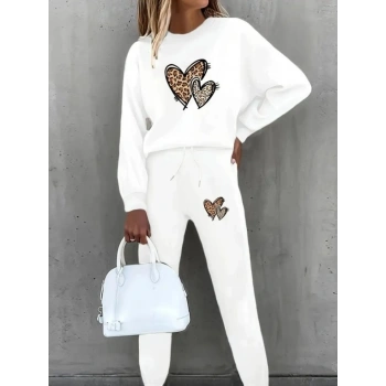 Kadın Uzun Kollu Bisiklet Yaka Kalp Desenli şardonlu üç Iplik Bluz Ve Pantolon Ikili Takım