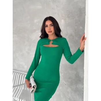 Kadın Uzun Kollu Halka Ve Pencere Dekolte Detay Fırsat ürün Midi Boy Elbise