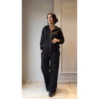 Kadın Uzun Kollu Kapşonlu Fermuarlı Taşlı önü Fermuarlı Viskon Iki Iplik Bluz Ve Eşofman Altı Ikili Takım