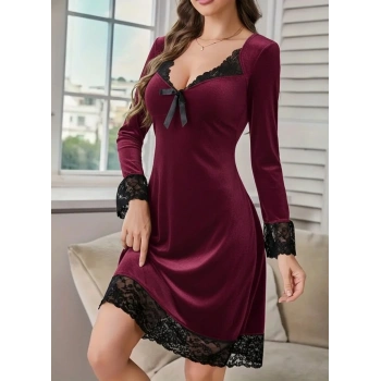 Kadın Uzun Kollu V Dantel Yakalı Mini Kadife Elbise