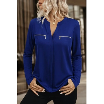 Kadın Uzun Kollu V Hakim Yaka Fermuar Detaylı Viskon Bluz