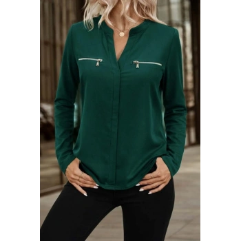 Kadın Uzun Kollu V Hakim Yaka Fermuar Detaylı Viskon Bluz