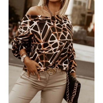 Kadın Uzun Kollu V Yaka Düşük Omuz Geometrik Desen şardonlu Dalgıç Bluz