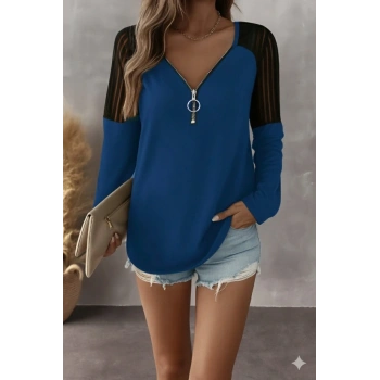 Kadın Uzun Kollu Yakadan Fermuarlı Viskon Bluz