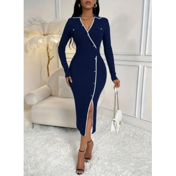 Kadın Uzun Kollu Yakalı Cepli Düğmeli Yırtmaç Detaylı Modal Uzun Elbise