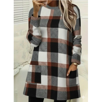 Kadın Uzun Kollu Yarı Balıkçı Yakalı Cep Detaylı Ekoseli Dokuma Tunik