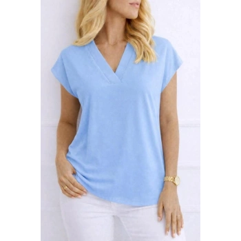 Kadın V Yaka Kısa Kol Dokuma Viskon Kumaş Bluz
