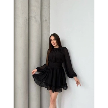 Kadın Yarım Balıkçı Yaka Kolları Transparan Astarlı Full şifon Elbise