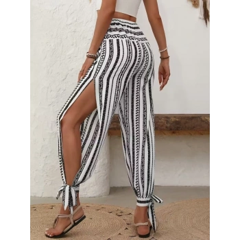 Kadın Yüksek Bel Desenli Paçadan Bağlamalı Yanları Yırtmaçlı Süprem Pantolon