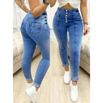 Kadın Yüksek Bel önden Düğmeli Jean Pantolon