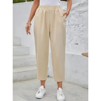 Kadın Yüksek Bel Yandan Cepli Düğme Detaylı Geniş Kesim Ithal Krep Pantolon