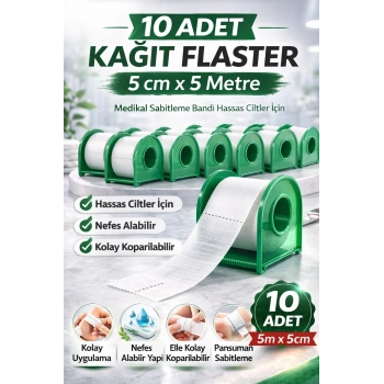 Kağıt Flaster 5 cm x 5 m 10 Adet Medikal Sabitleme Bandı Hassas Ciltler İçin