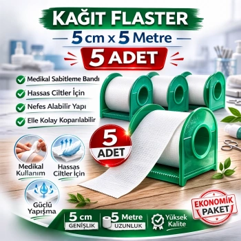 Kağıt Flaster 5 cm x 5 m 5 Adet Medikal Sabitleme Bandı Hassas Ciltler İçin