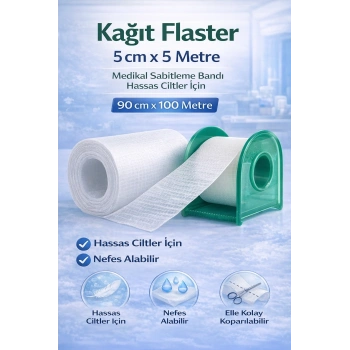 Kağıt Flaster 5 cm x 5 m Medikal Sabitleme Bandı Hassas Ciltler İçin 1 ADET