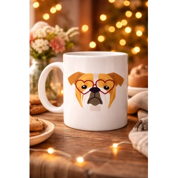 Kalpli Gözlüklü İngiliz Bulldog Tasarımlı Porselen Kupa Model 52 – Sevimli Köpek Desenli Kahve & Çay Kupası