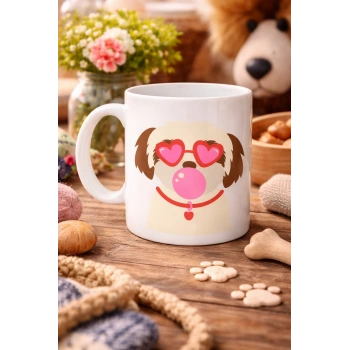 Kalpli Gözlüklü Shih Tzu Tasarımlı Porselen Kupa MODEL 53 – Sevimli Köpek Figürlü Kahve & Çay Kupası