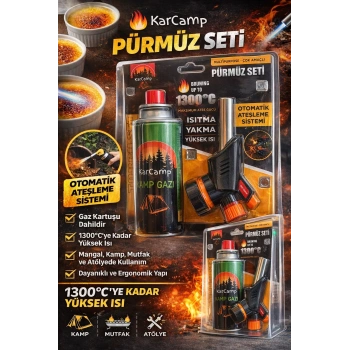 KarCamp Pürmüz Seti Kamp Gazlı Torch Çakmak Otomatik Ateşlemeli 1300°C Çok Amaçlı Mutfak Kamp Kaynak Pürmüz Seti Gaz Kartuşlu