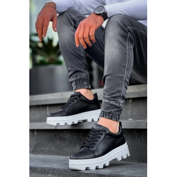 KB-056 Kuback Siyah Cilt Beyaz Yüksek Taban Günlük Spor Ayakkabı