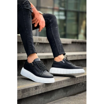 KB-X155 Kuback Siyah Cilt Detaylı Beyaz Yüksek Taban Günlük Spor Ayakkabı