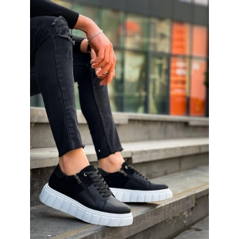 KB-X155 Kuback Siyah Cilt Siyah Süet Detaylı Beyaz Yüksek Taban Günlük Spor Ayakkabı