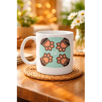 Kedi Patili Sevimli Tasarım Porselen Kupa MODEL 71 – Cat Yazılı, Kahve & Çay Kupası – Hayvanseverlere Özel Hediye