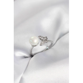 Kelebek İncili Model Gümüş Renk Zirkon Taşlı Kadın Yüzük