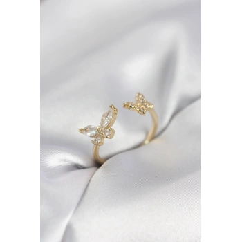 Kelebek Model Zirkon Taşlı Gold Renk Kadın Yüzük