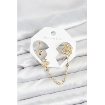 Kiraz Model Pirinç Gold Renk Zincir Bağlantılı Ear Cuff Küpe Seti