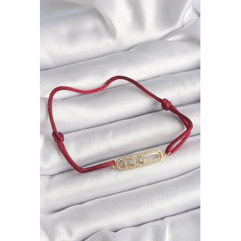 Kırmızı İpli Asansörlü Zirkon Taşlı Gold Messika Model Kadın Bileklik