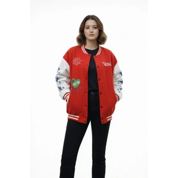 Kırmızı Varsity Çıtçıtlı Baskılı Oversize Kalıp Kolej Ceket - Kırmızı