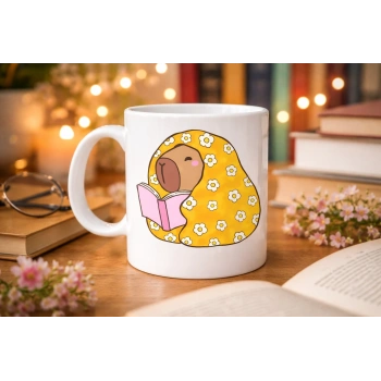 Kitap Okuyan Kapibara Desenli Porselen Kupa MODEL 102 – Sıcacık Tasarım , Kahve & Çay Kupası , Kitap Severlere Özel Hediyelik