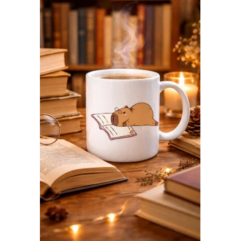 Kitap Okuyan Kapibara Tasarımlı Porselen Kupa MODEL 99 – Sıcacık Kahve Keyfi İçin Sevimli Tasarım