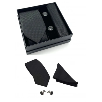 Kravat Düğme Set Siyah Desenli Kravat Mendil Kol Düğmesi Özel Set