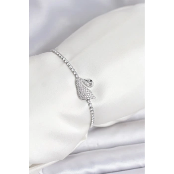 Kuğu Model Zirkon Taşlı Gümüş Renk Asansörlü Su Yolu Bileklik